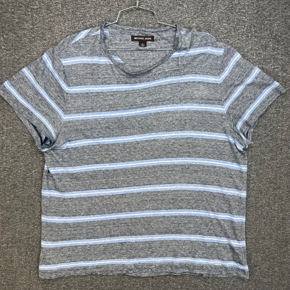 Michael Kors Shirt Mens XL Blue Striped Casual Summer Linen Blend Coastal Summer